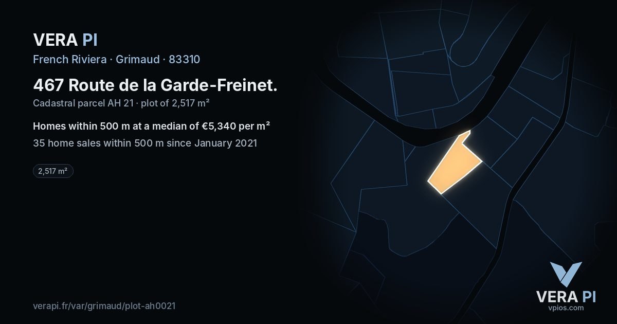 467 Route de la Garde-Freinet, Grimaud at night – the plot lit, the parcels around coloured by the prices near them