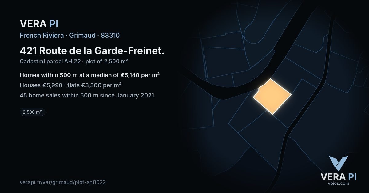 421 Route de la Garde-Freinet, Grimaud at night – the plot lit, the parcels around coloured by the prices near them