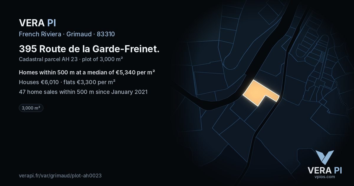 395 Route de la Garde-Freinet, Grimaud at night – the plot lit, the parcels around coloured by the prices near them