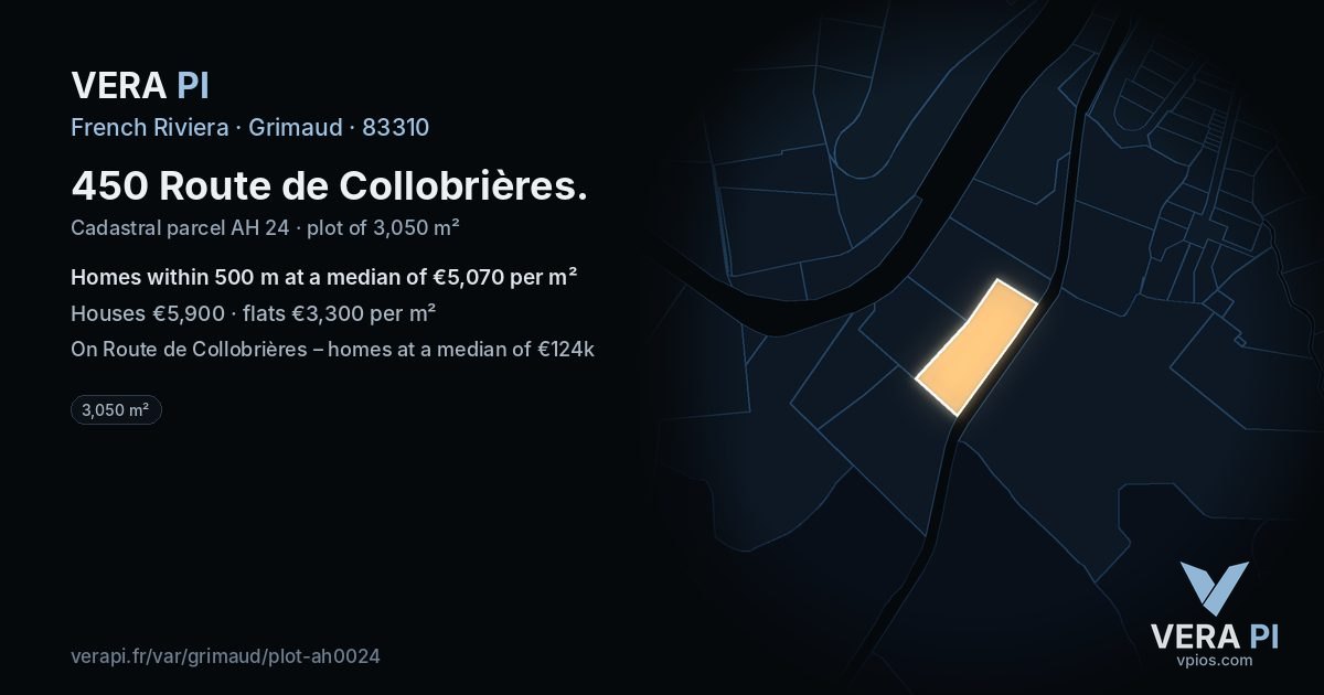 450 Route de Collobrières, Grimaud at night – the plot lit, the parcels around coloured by the prices near them