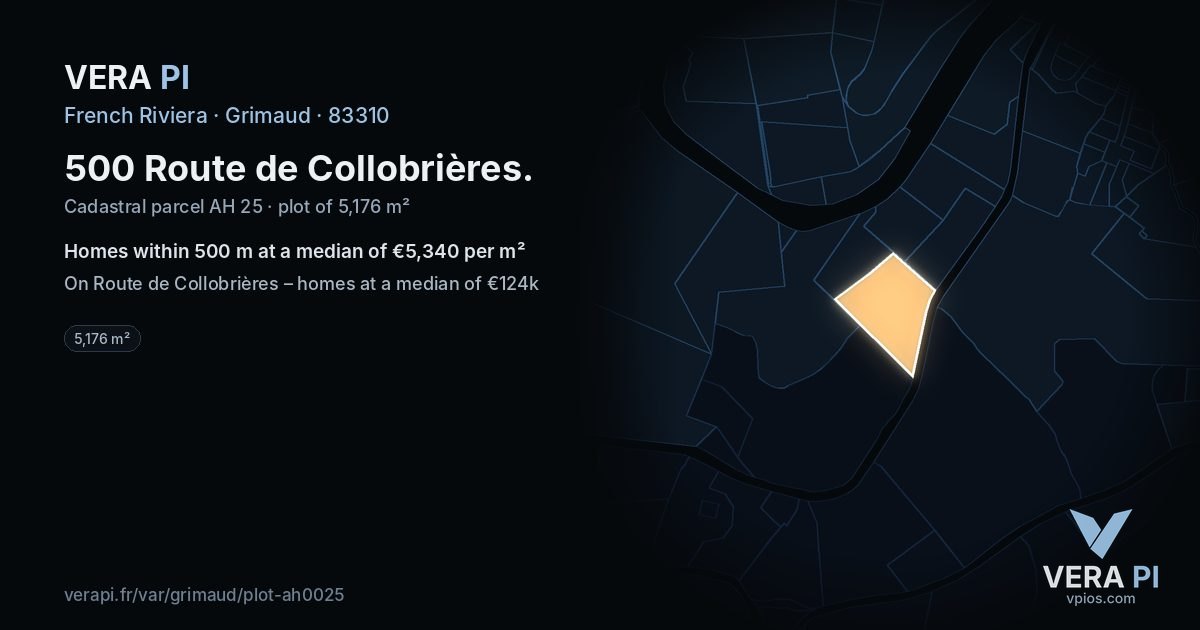 500 Route de Collobrières, Grimaud at night – the plot lit, the parcels around coloured by the prices near them