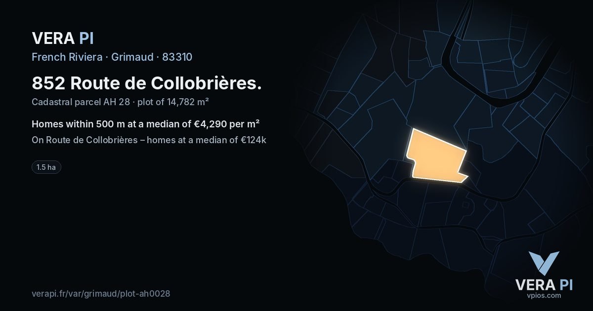 852 Route de Collobrières, Grimaud at night – the plot lit, the parcels around coloured by the prices near them
