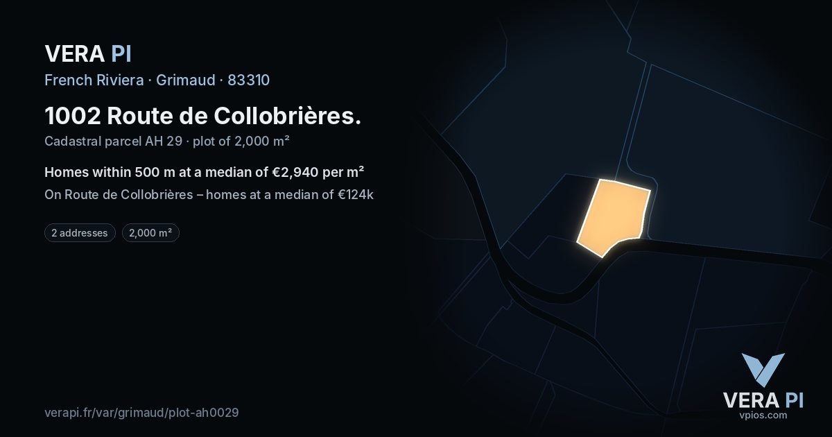 1002 Route de Collobrières, Grimaud at night – the plot lit, the parcels around coloured by the prices near them