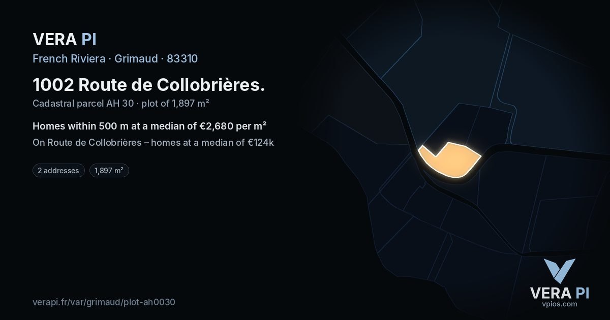 1002 Route de Collobrières, Grimaud at night – the plot lit, the parcels around coloured by the prices near them