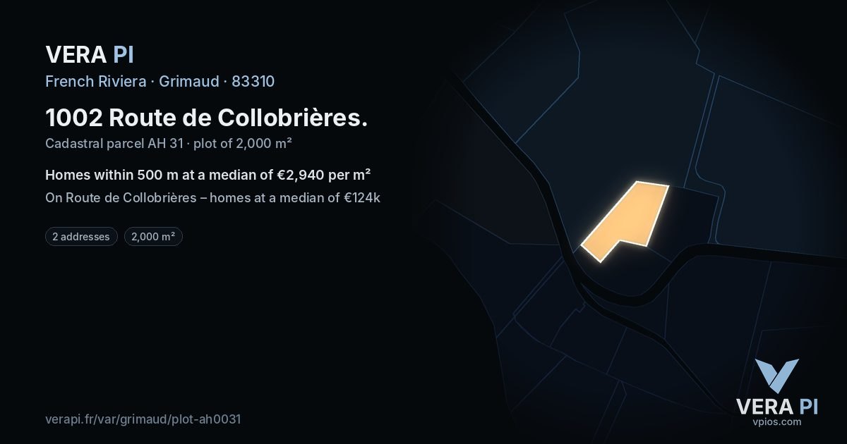 1002 Route de Collobrières, Grimaud at night – the plot lit, the parcels around coloured by the prices near them