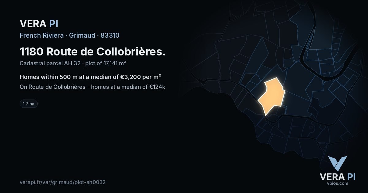 1180 Route de Collobrières, Grimaud at night – the plot lit, the parcels around coloured by the prices near them