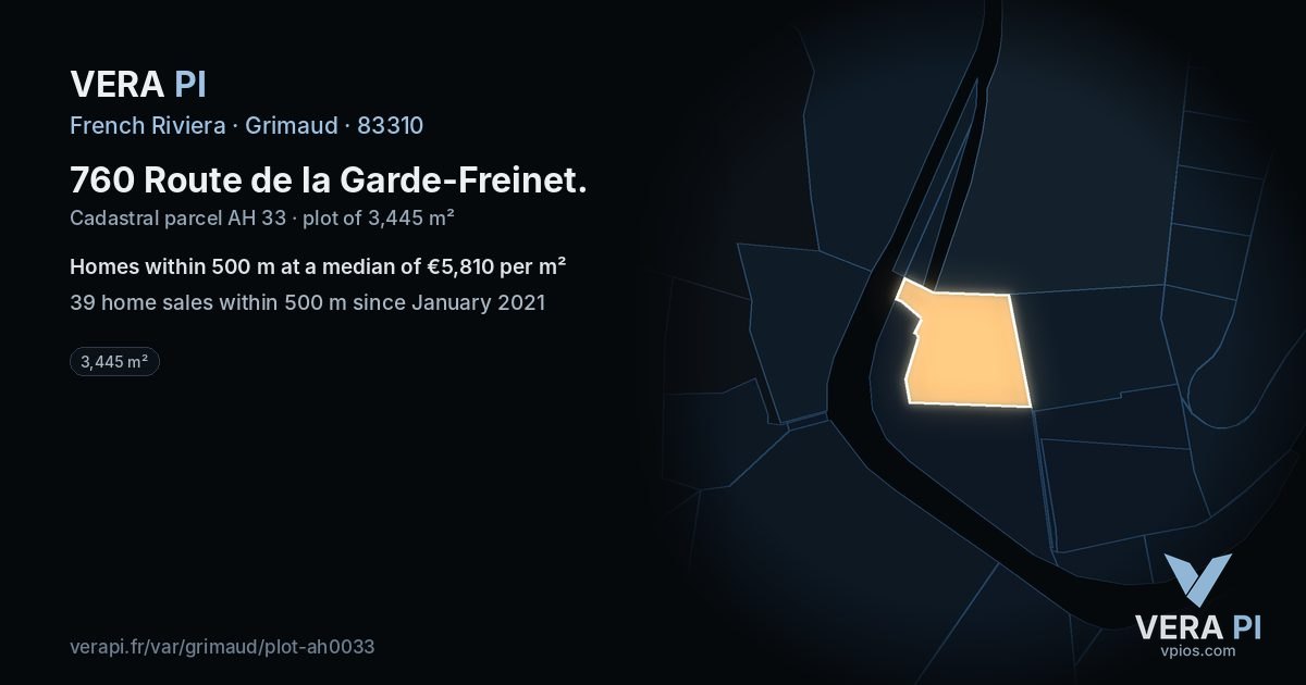 760 Route de la Garde-Freinet, Grimaud at night – the plot lit, the parcels around coloured by the prices near them