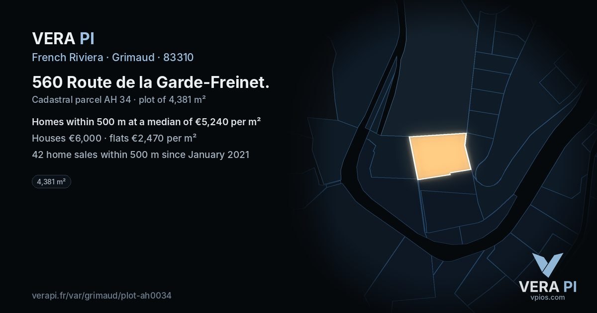 560 Route de la Garde-Freinet, Grimaud at night – the plot lit, the parcels around coloured by the prices near them