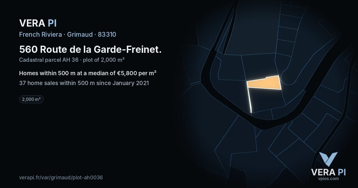 560 Route de la Garde-Freinet, Grimaud at night – the plot lit, the parcels around coloured by the prices near them