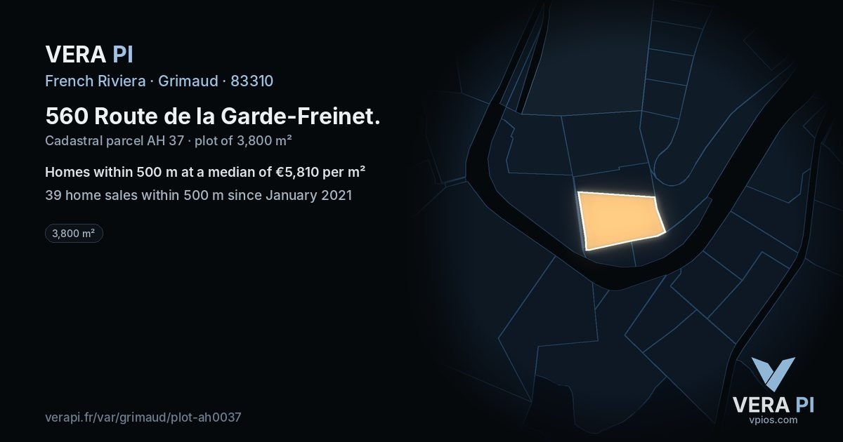560 Route de la Garde-Freinet, Grimaud at night – the plot lit, the parcels around coloured by the prices near them