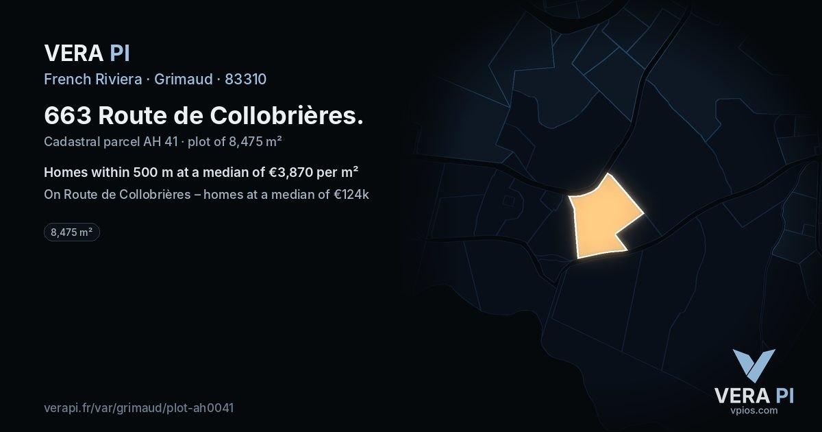 663 Route de Collobrières, Grimaud at night – the plot lit, the parcels around coloured by the prices near them
