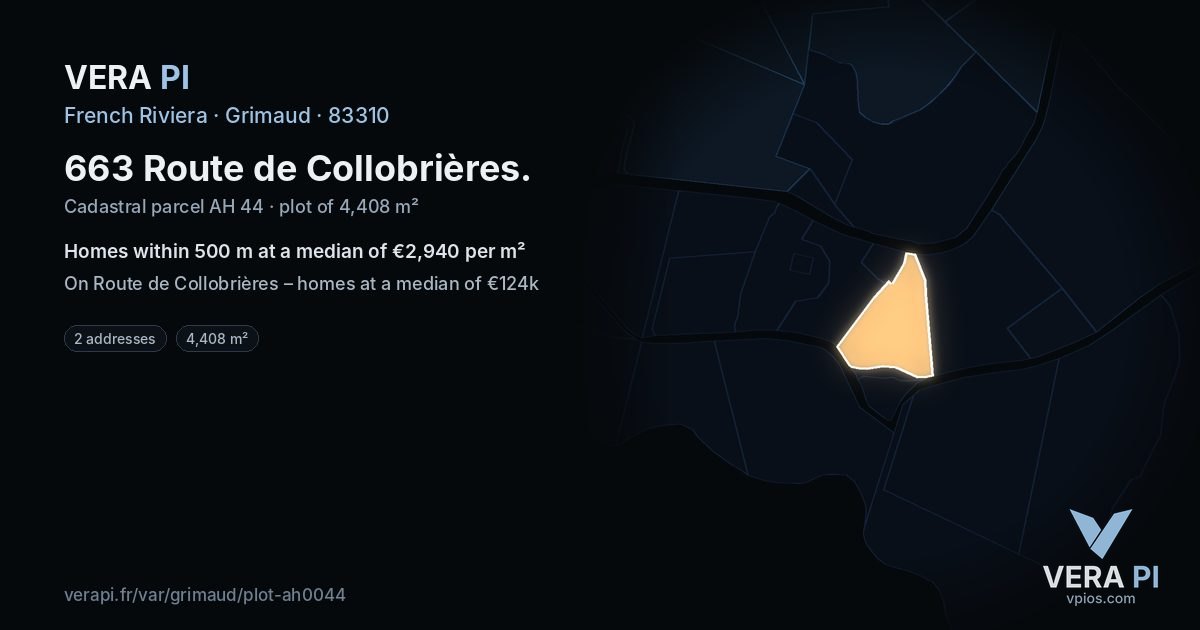 663 Route de Collobrières, Grimaud at night – the plot lit, the parcels around coloured by the prices near them