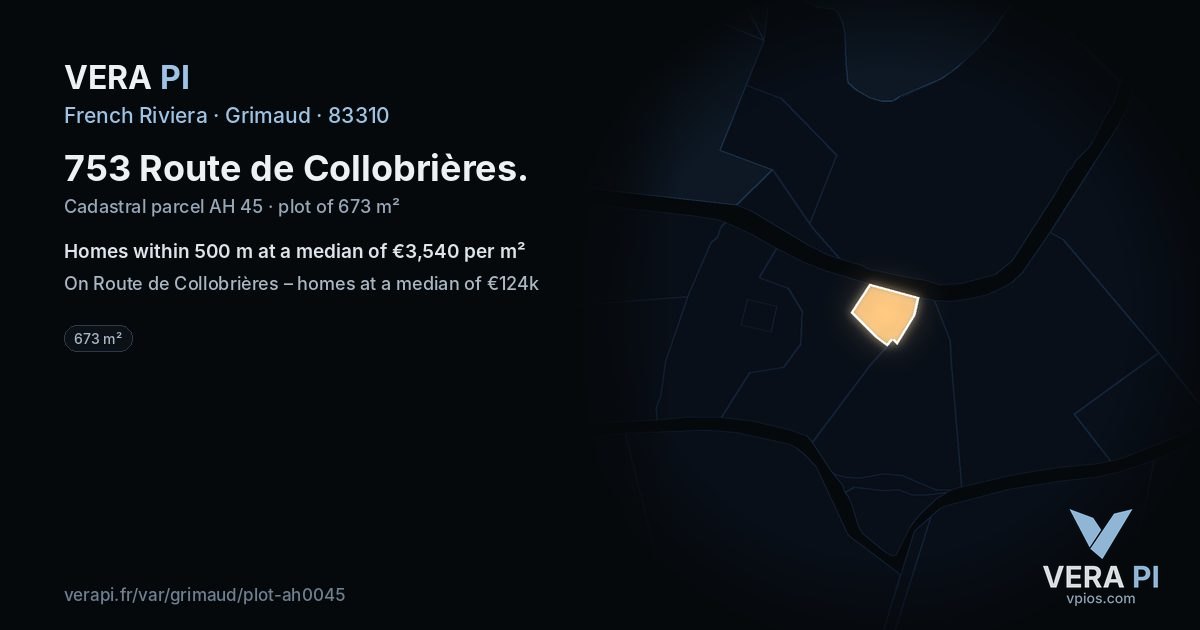 753 Route de Collobrières, Grimaud at night – the plot lit, the parcels around coloured by the prices near them