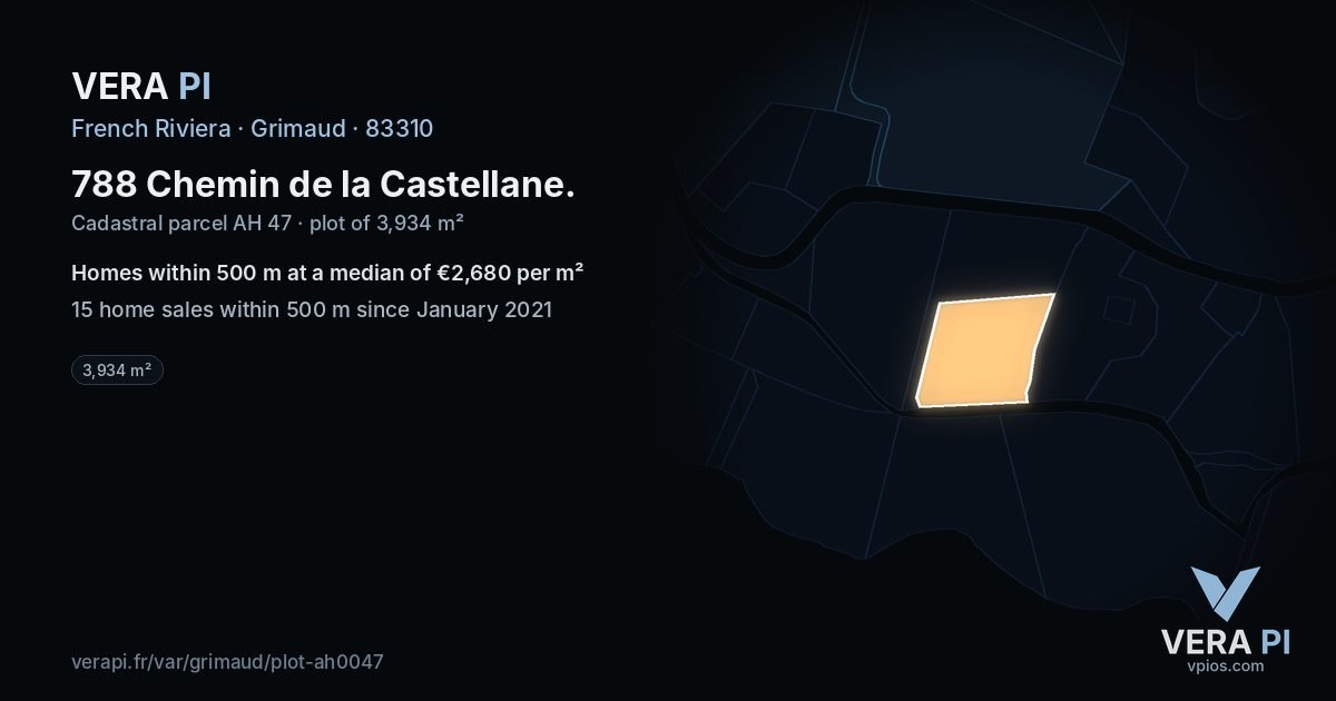 788 Chemin de la Castellane, Grimaud at night – the plot lit, the parcels around coloured by the prices near them