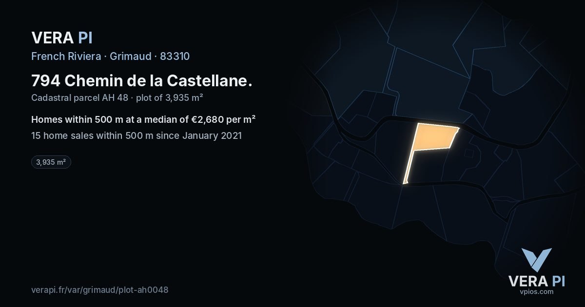 794 Chemin de la Castellane, Grimaud at night – the plot lit, the parcels around coloured by the prices near them