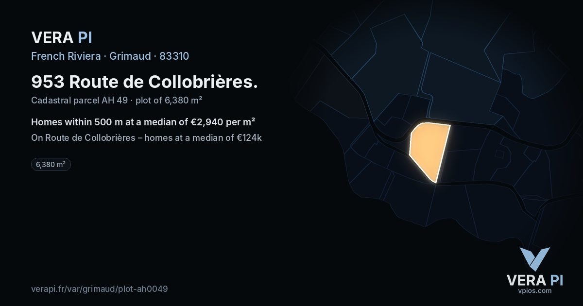 953 Route de Collobrières, Grimaud at night – the plot lit, the parcels around coloured by the prices near them
