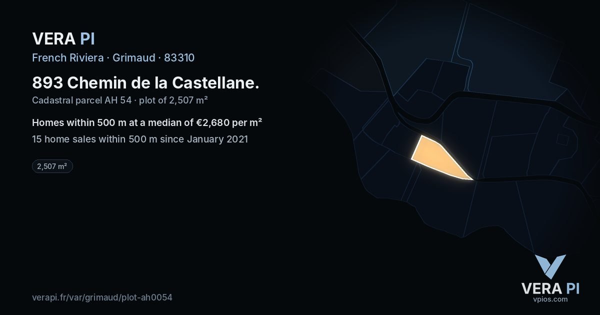 893 Chemin de la Castellane, Grimaud at night – the plot lit, the parcels around coloured by the prices near them