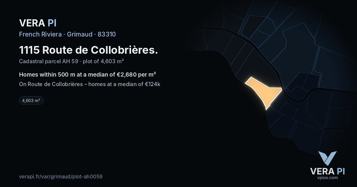 1115 Route de Collobrières, Grimaud at night – the plot lit, the parcels around coloured by the prices near them