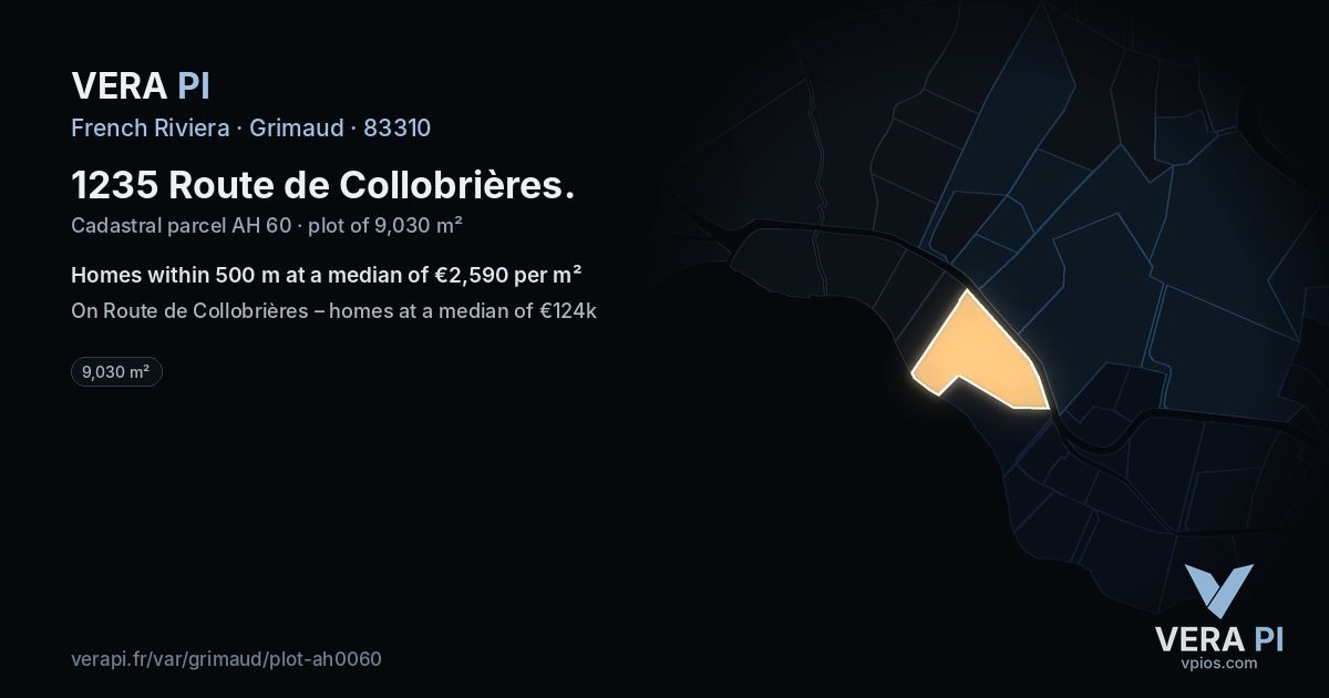 1235 Route de Collobrières, Grimaud at night – the plot lit, the parcels around coloured by the prices near them