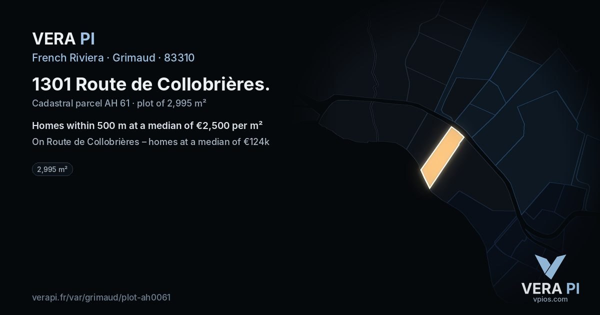 1301 Route de Collobrières, Grimaud at night – the plot lit, the parcels around coloured by the prices near them