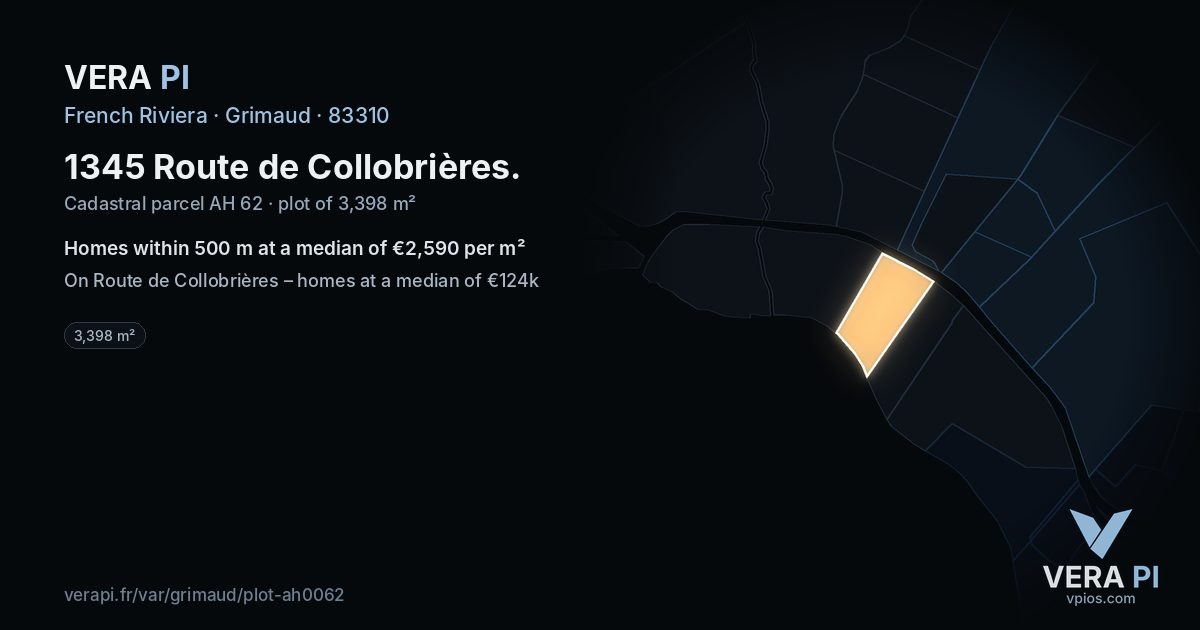 1345 Route de Collobrières, Grimaud at night – the plot lit, the parcels around coloured by the prices near them