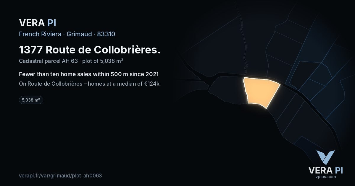 1377 Route de Collobrières, Grimaud at night – the plot lit, the parcels around coloured by the prices near them