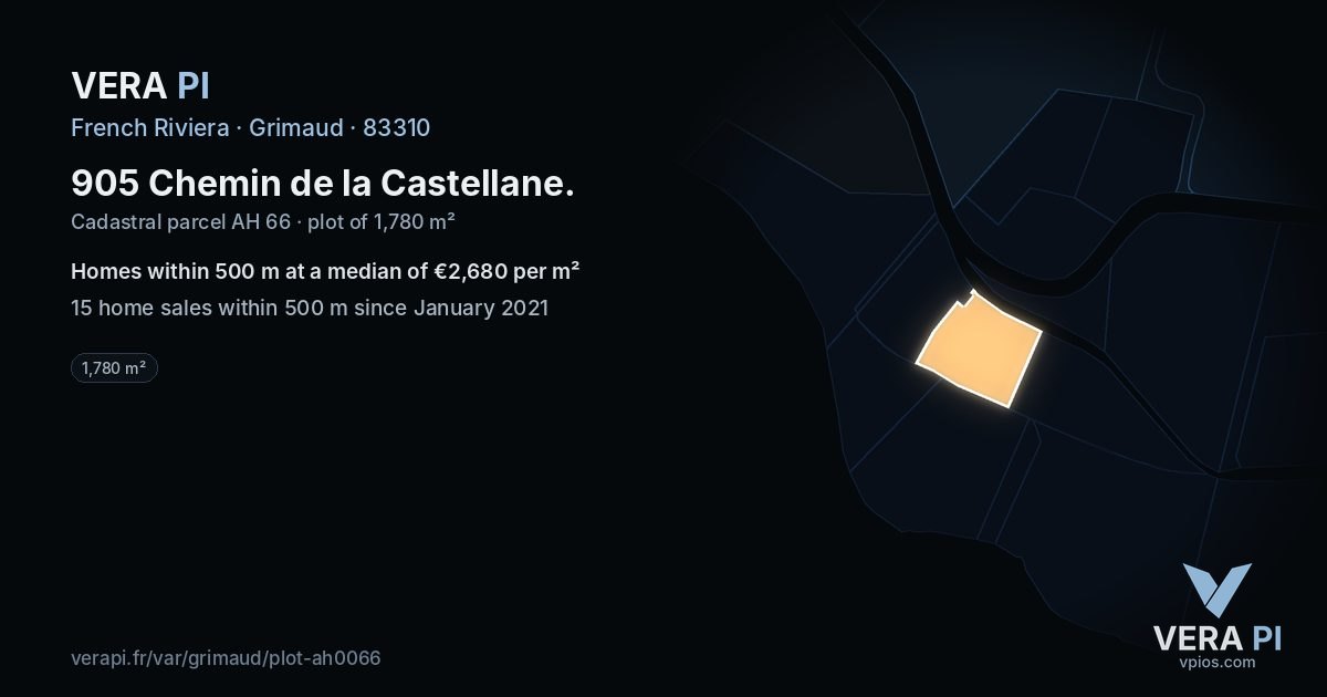 905 Chemin de la Castellane, Grimaud at night – the plot lit, the parcels around coloured by the prices near them