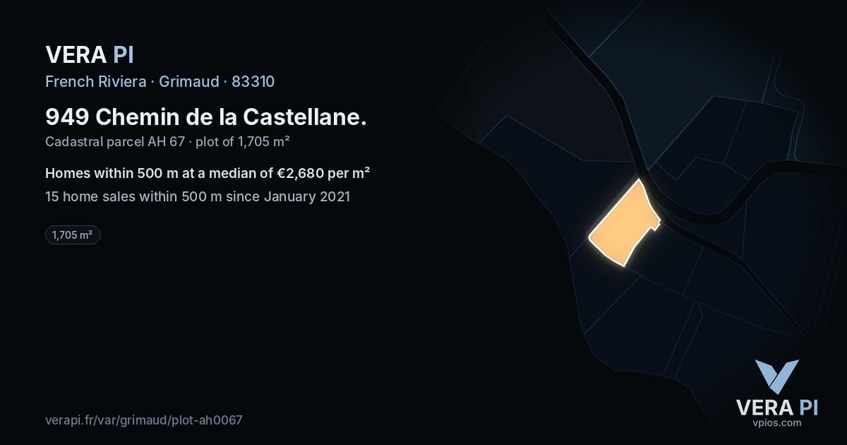 949 Chemin de la Castellane, Grimaud at night – the plot lit, the parcels around coloured by the prices near them