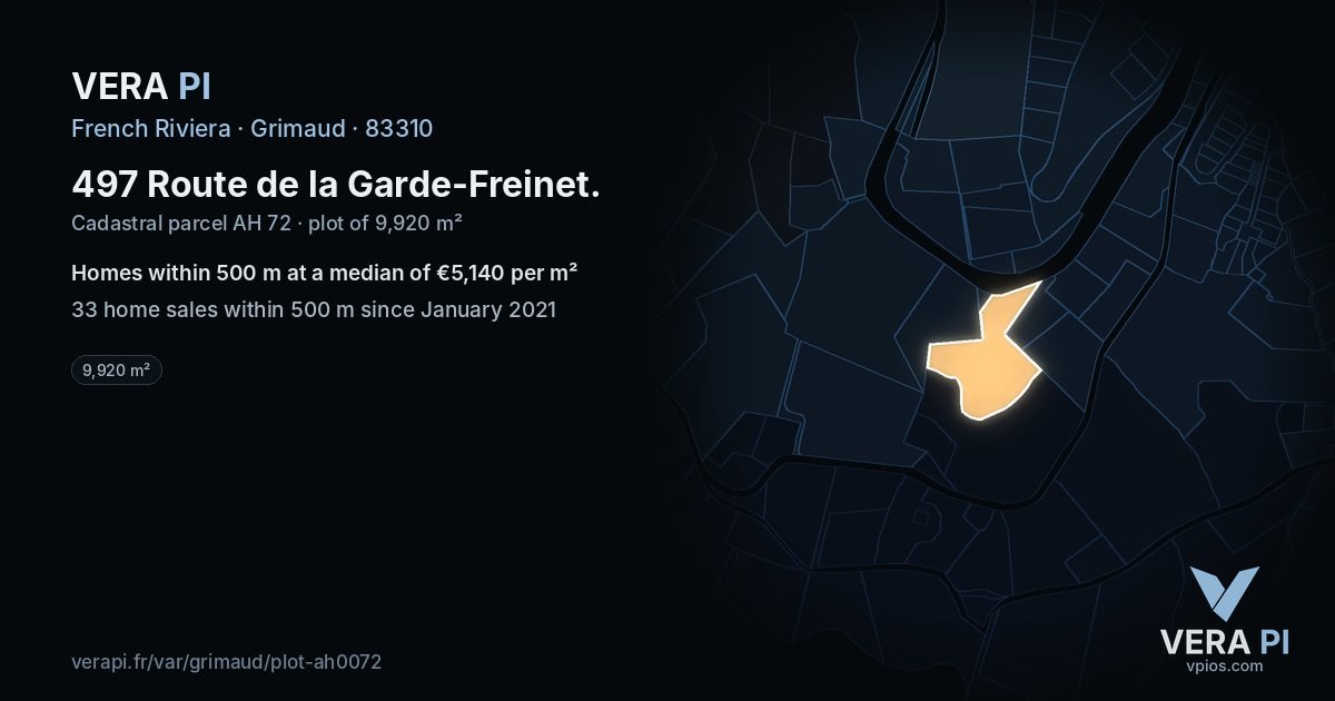 497 Route de la Garde-Freinet, Grimaud at night – the plot lit, the parcels around coloured by the prices near them