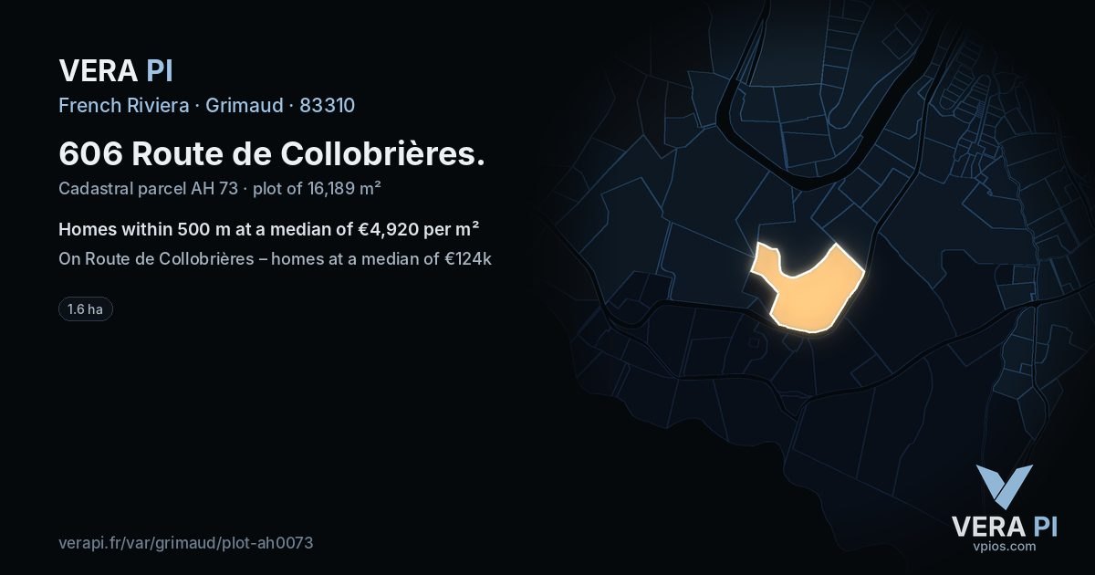 606 Route de Collobrières, Grimaud at night – the plot lit, the parcels around coloured by the prices near them