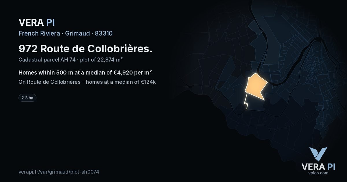 972 Route de Collobrières, Grimaud at night – the plot lit, the parcels around coloured by the prices near them