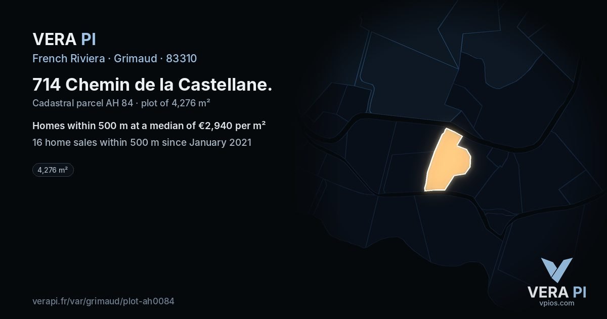 714 Chemin de la Castellane, Grimaud at night – the plot lit, the parcels around coloured by the prices near them