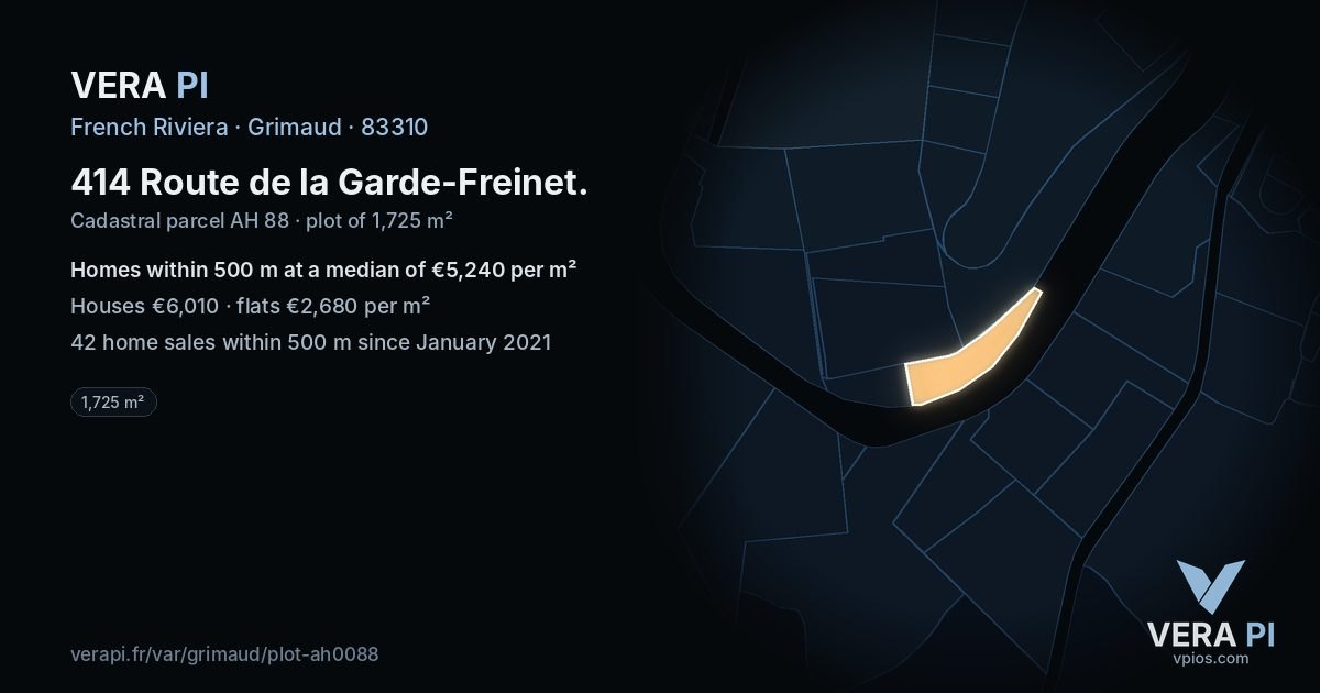 414 Route de la Garde-Freinet, Grimaud at night – the plot lit, the parcels around coloured by the prices near them