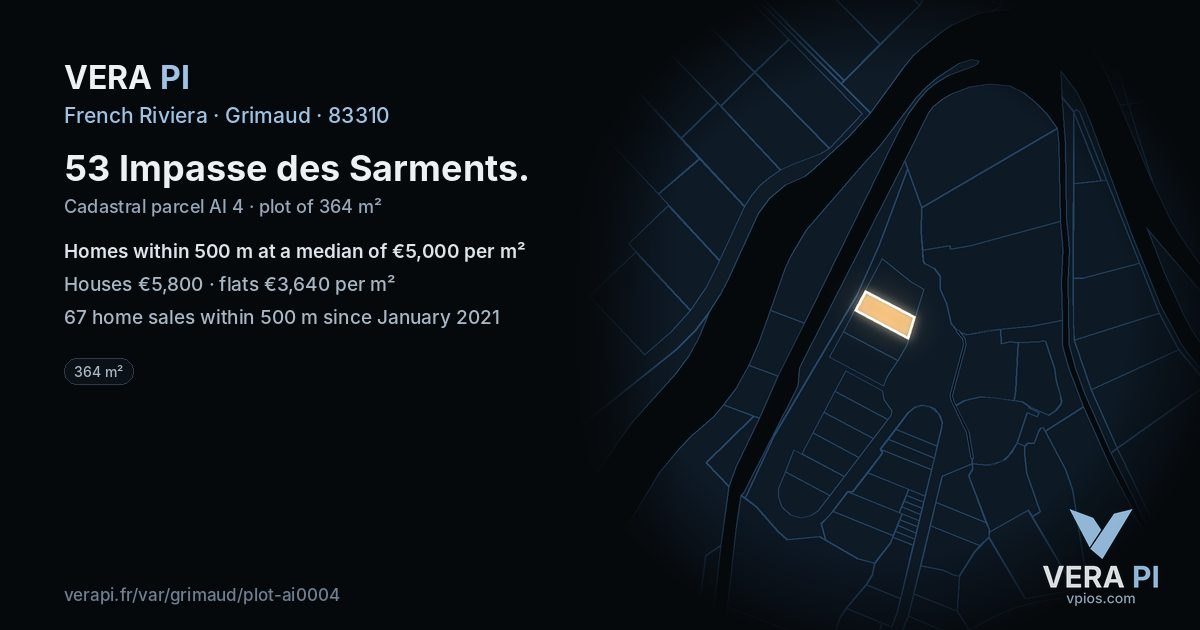 53 Impasse des Sarments, Grimaud at night – the plot lit, the parcels around coloured by the prices near them