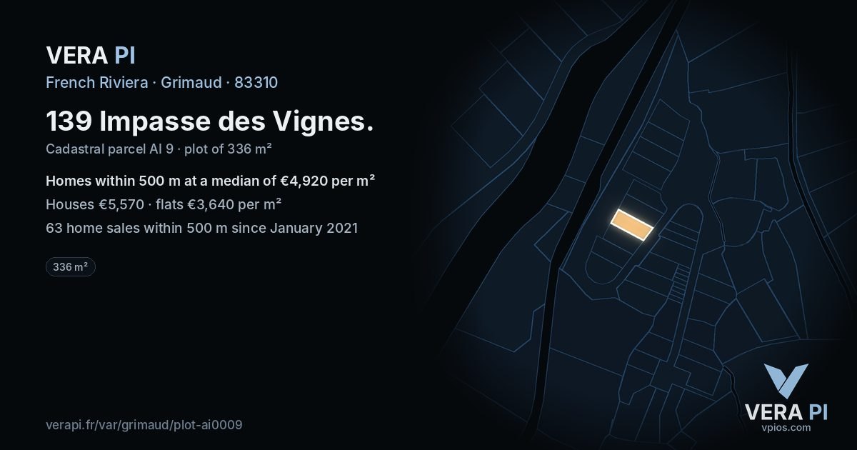 139 Impasse des Vignes, Grimaud at night – the plot lit, the parcels around coloured by the prices near them