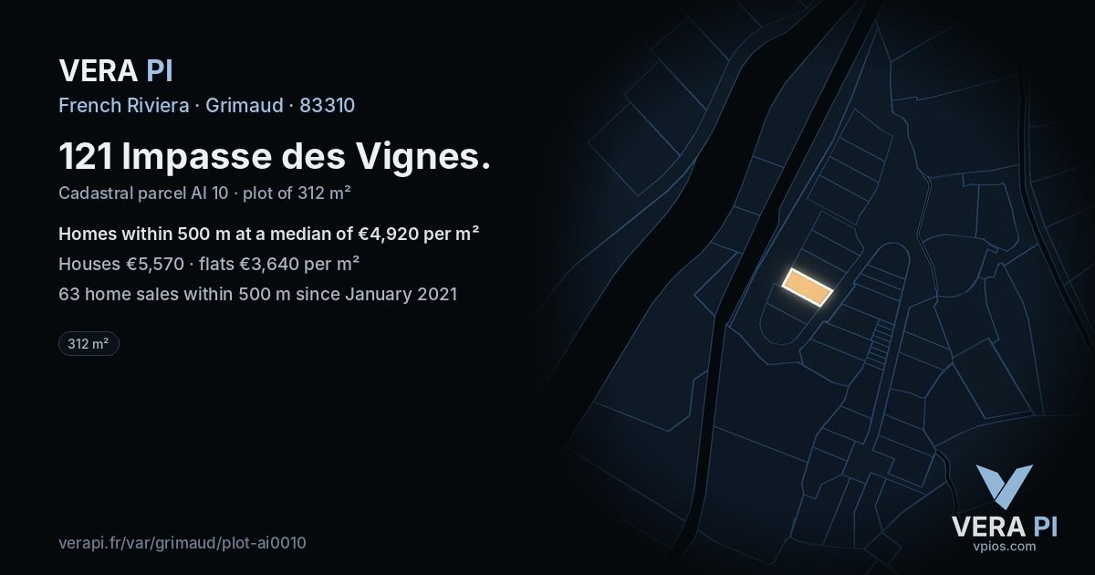 121 Impasse des Vignes, Grimaud at night – the plot lit, the parcels around coloured by the prices near them