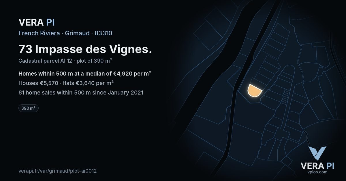 73 Impasse des Vignes, Grimaud at night – the plot lit, the parcels around coloured by the prices near them