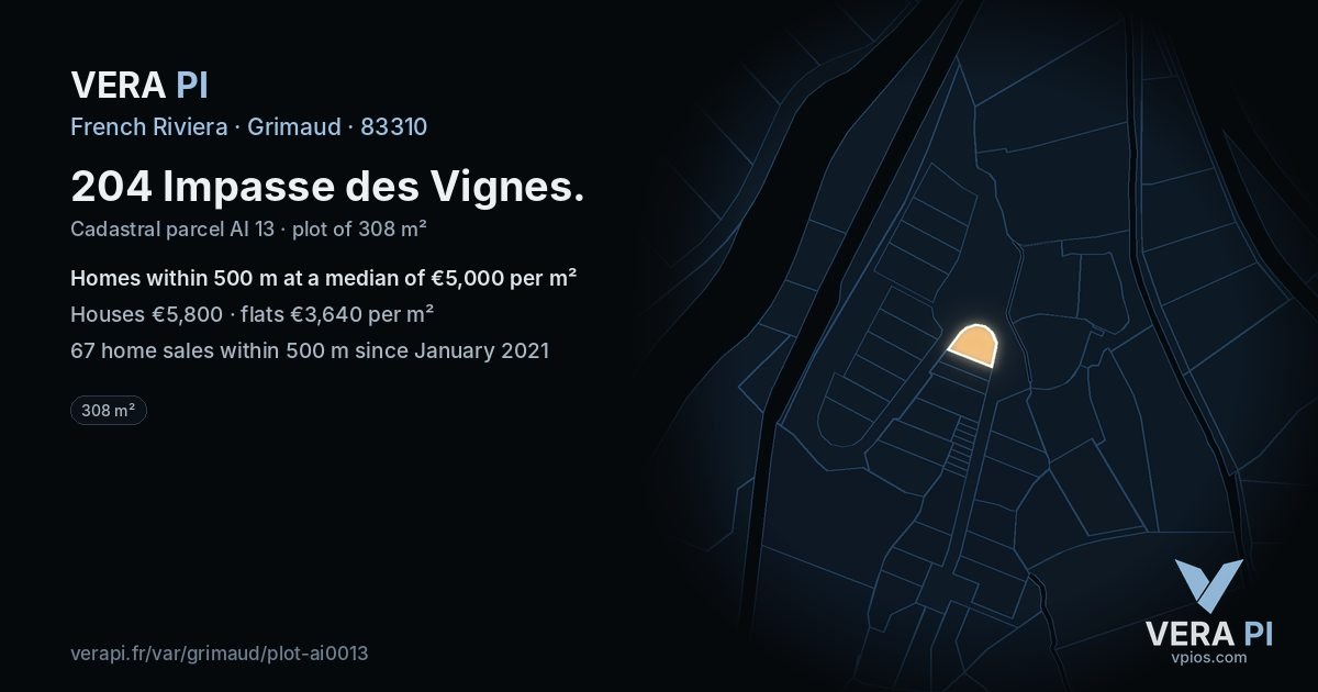 204 Impasse des Vignes, Grimaud at night – the plot lit, the parcels around coloured by the prices near them