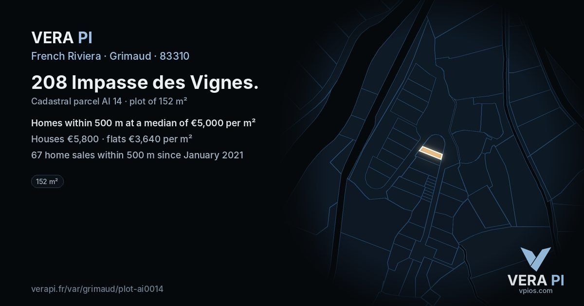 208 Impasse des Vignes, Grimaud at night – the plot lit, the parcels around coloured by the prices near them