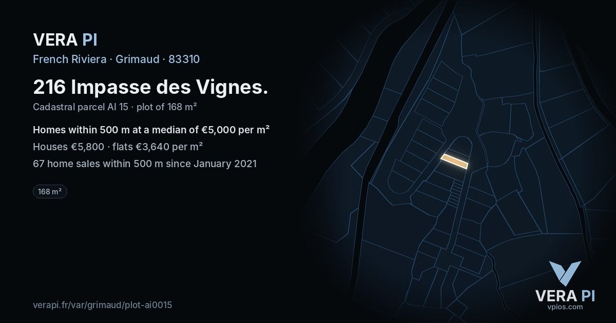 216 Impasse des Vignes, Grimaud at night – the plot lit, the parcels around coloured by the prices near them