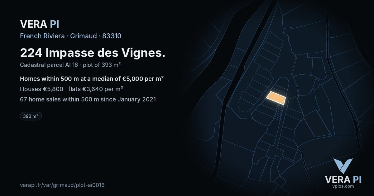 224 Impasse des Vignes, Grimaud at night – the plot lit, the parcels around coloured by the prices near them