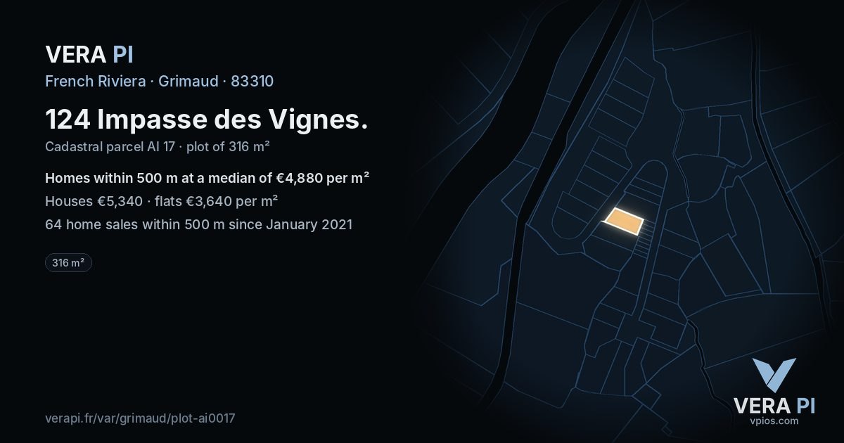 124 Impasse des Vignes, Grimaud at night – the plot lit, the parcels around coloured by the prices near them