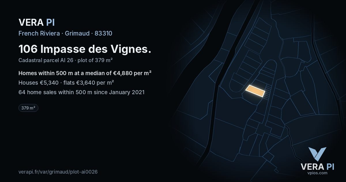 106 Impasse des Vignes, Grimaud at night – the plot lit, the parcels around coloured by the prices near them