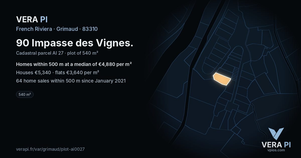 90 Impasse des Vignes, Grimaud at night – the plot lit, the parcels around coloured by the prices near them