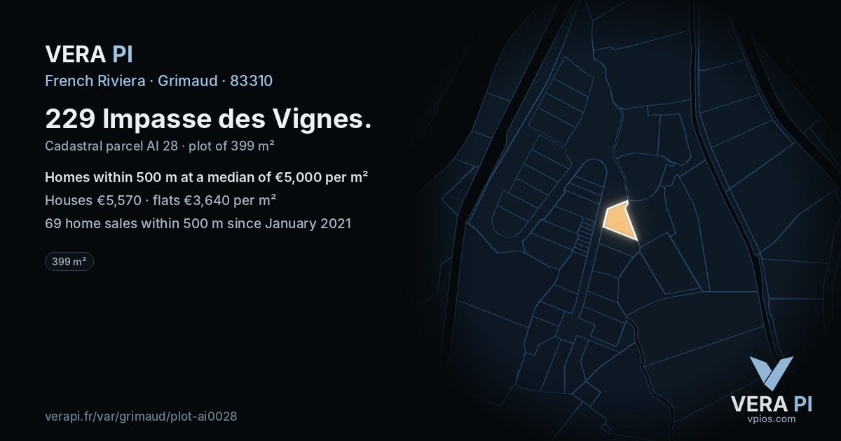 229 Impasse des Vignes, Grimaud at night – the plot lit, the parcels around coloured by the prices near them