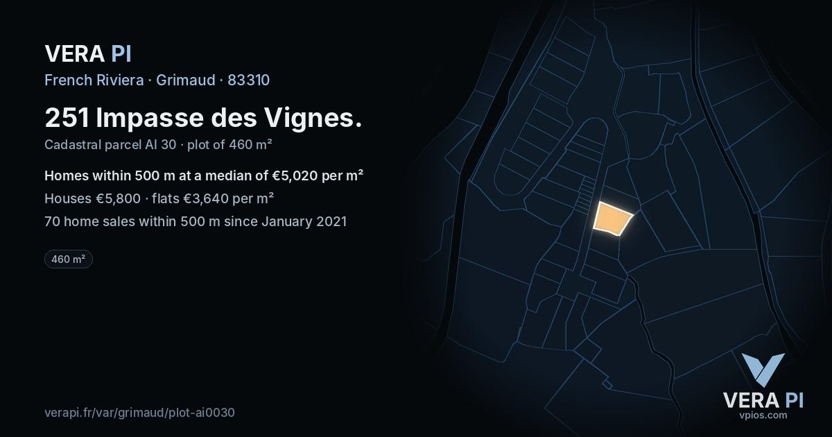 251 Impasse des Vignes, Grimaud at night – the plot lit, the parcels around coloured by the prices near them