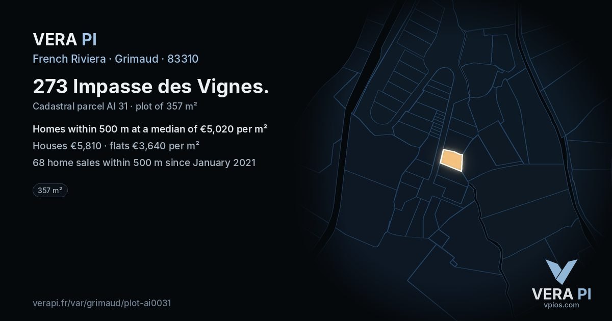 273 Impasse des Vignes, Grimaud at night – the plot lit, the parcels around coloured by the prices near them