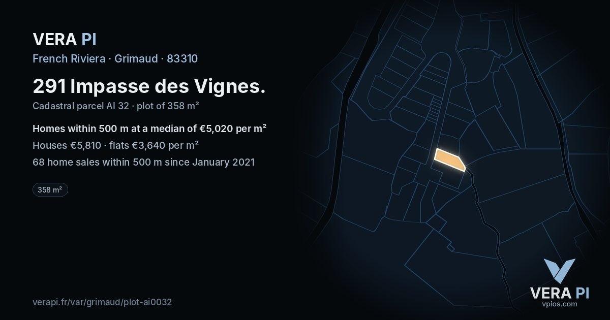 291 Impasse des Vignes, Grimaud at night – the plot lit, the parcels around coloured by the prices near them