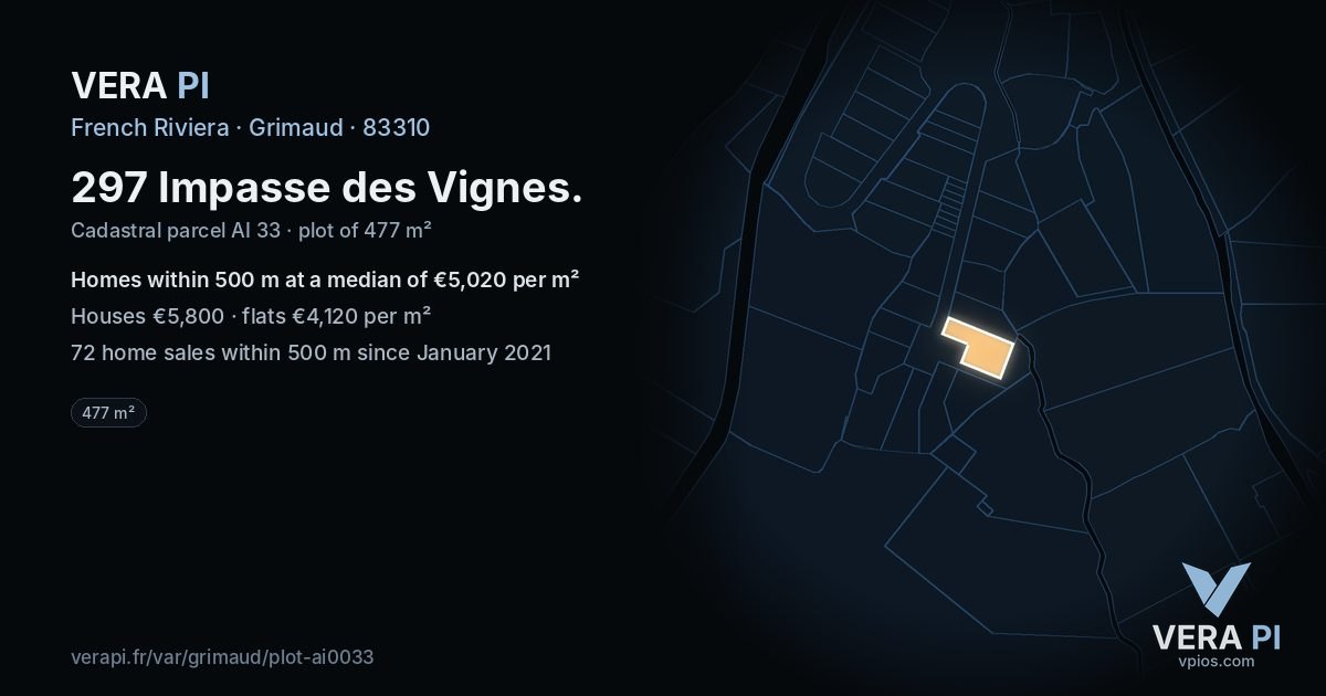 297 Impasse des Vignes, Grimaud at night – the plot lit, the parcels around coloured by the prices near them