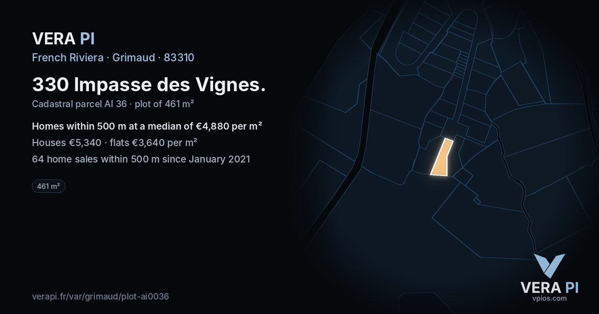 330 Impasse des Vignes, Grimaud at night – the plot lit, the parcels around coloured by the prices near them